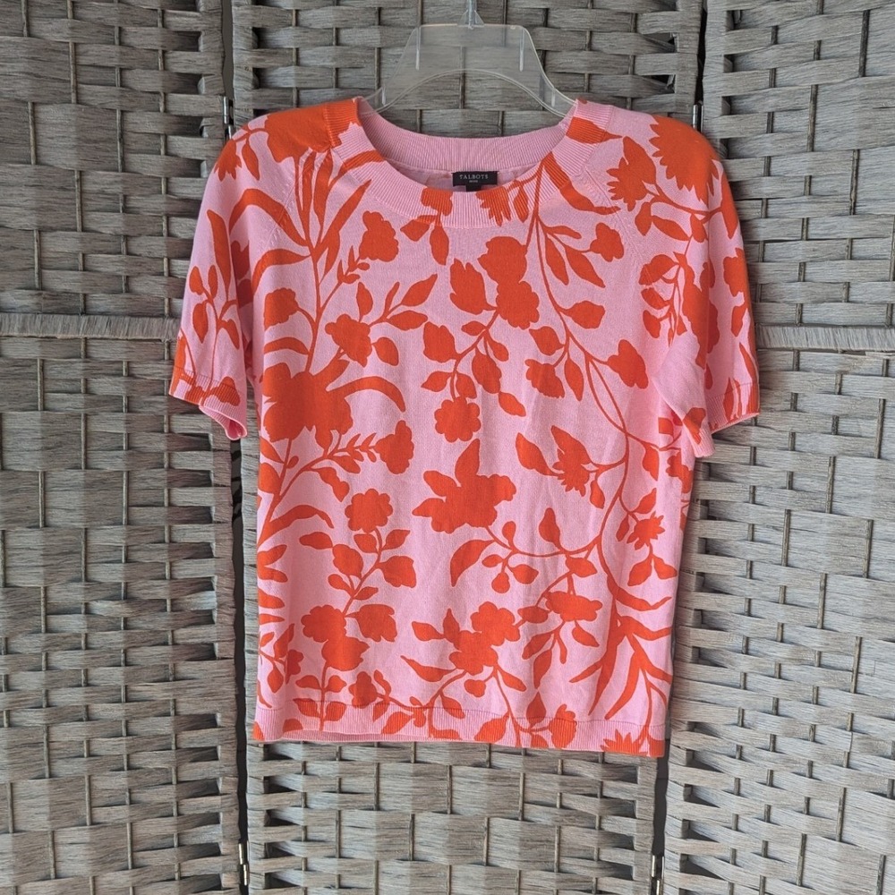 Talbots Sweater Pink Orange Floral Short Sleeve Knit Sz SP Lightweight Bight